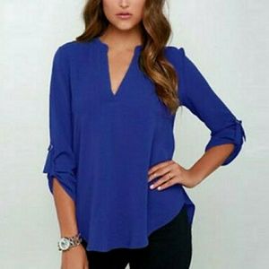 LUSH V-Neck Button Sleeve Royal Blue Blouse Size S